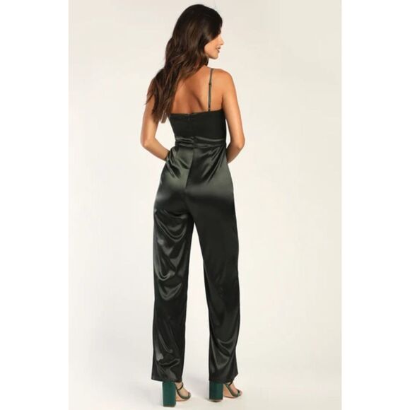 NWT Lulus Flirty Agenda Jumpsuit Medium Dark Green Satin Bustier Wide Leg Womens - Picture 2 of 12